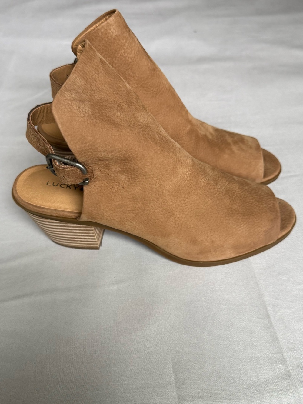 Lucky Brand Tan Open-Toe Slingback Block Heel Booties